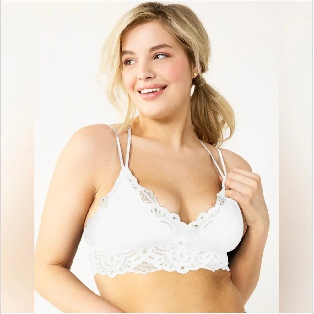 So Unlined White Eyelet Lace Double Strap Bralette Sz XL Bridal Romantic Sexy